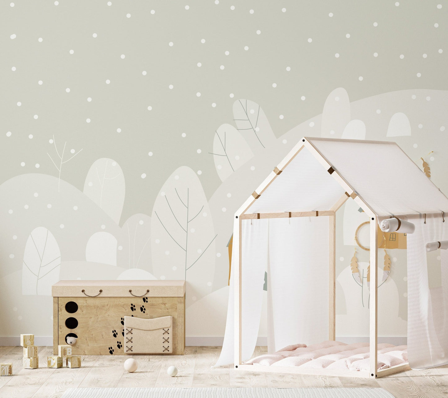 Kids play area wall mural with a white tent and mountain landscape backdrop.
