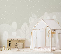 Kids play area wall mural with a white tent and mountain landscape backdrop.