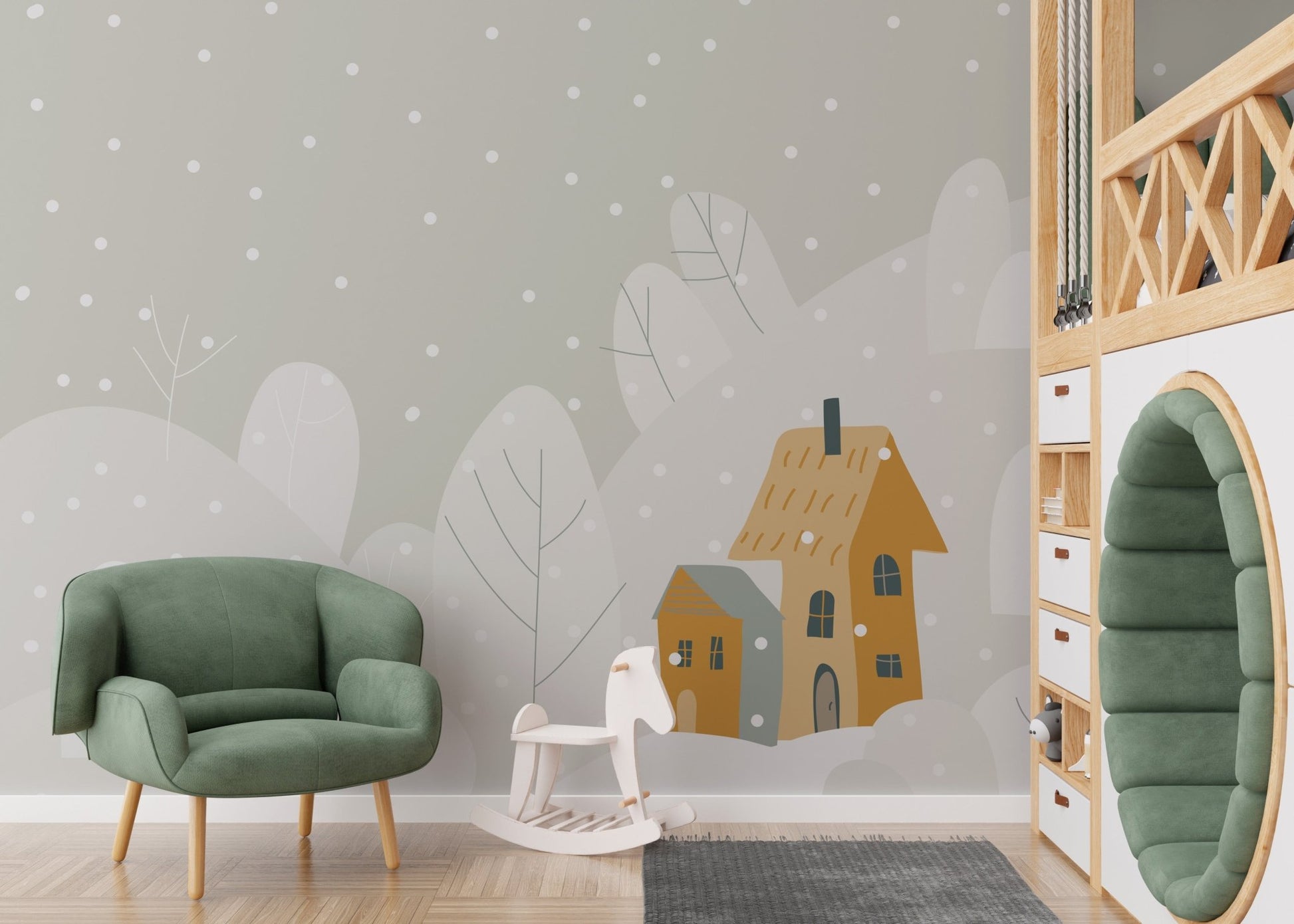 Green armchair in a kids bedroom with Cartoon Mountain Escape Wall Murals.