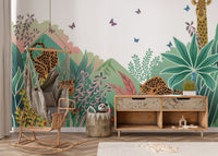 Safari animal wall mural in a kid’s room with wooden furniture and toys.