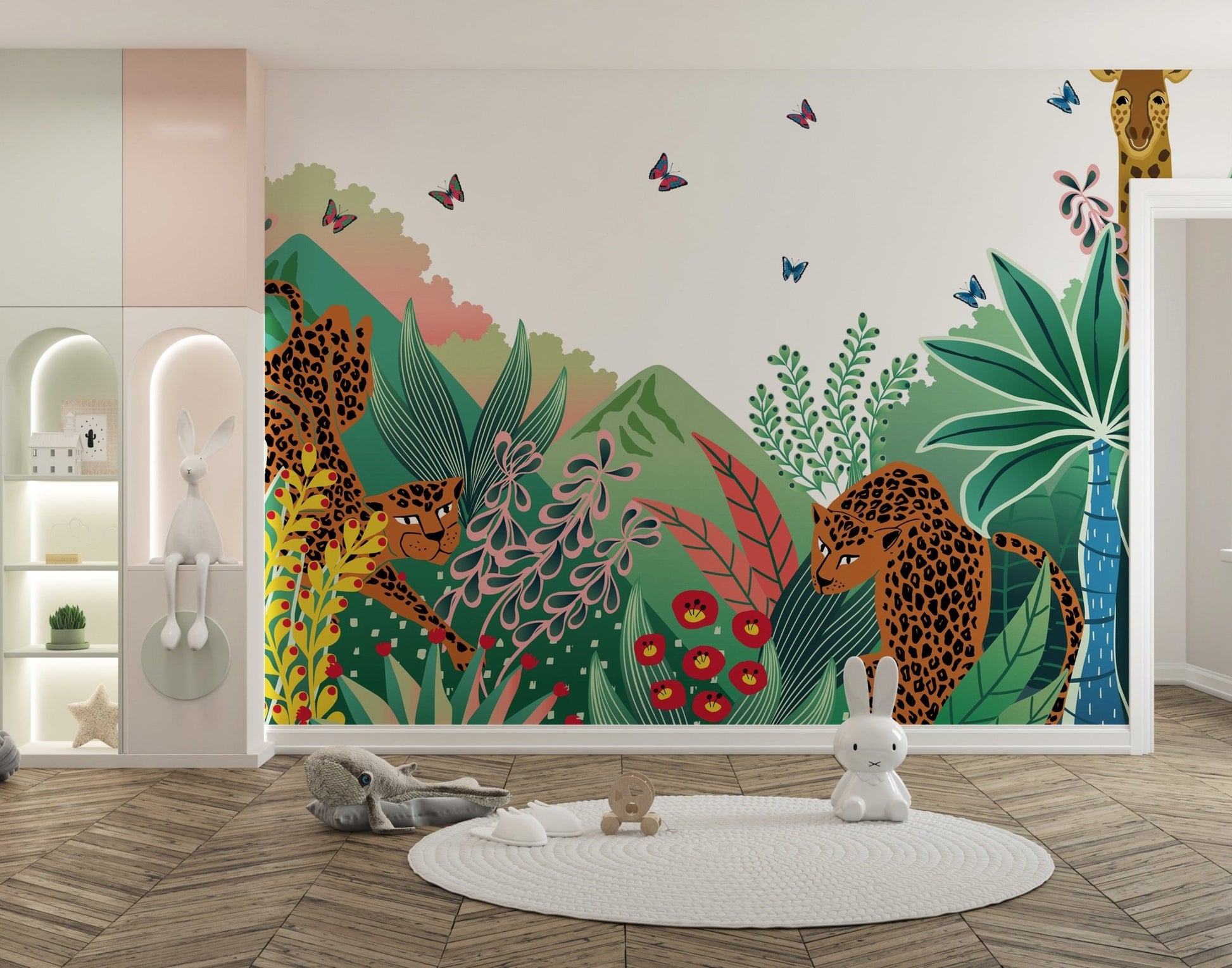 Playful cartoon safari wall mural behind a white circular rug in a modern child’s room.