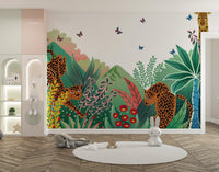 Playful cartoon safari wall mural behind a white circular rug in a modern child’s room.