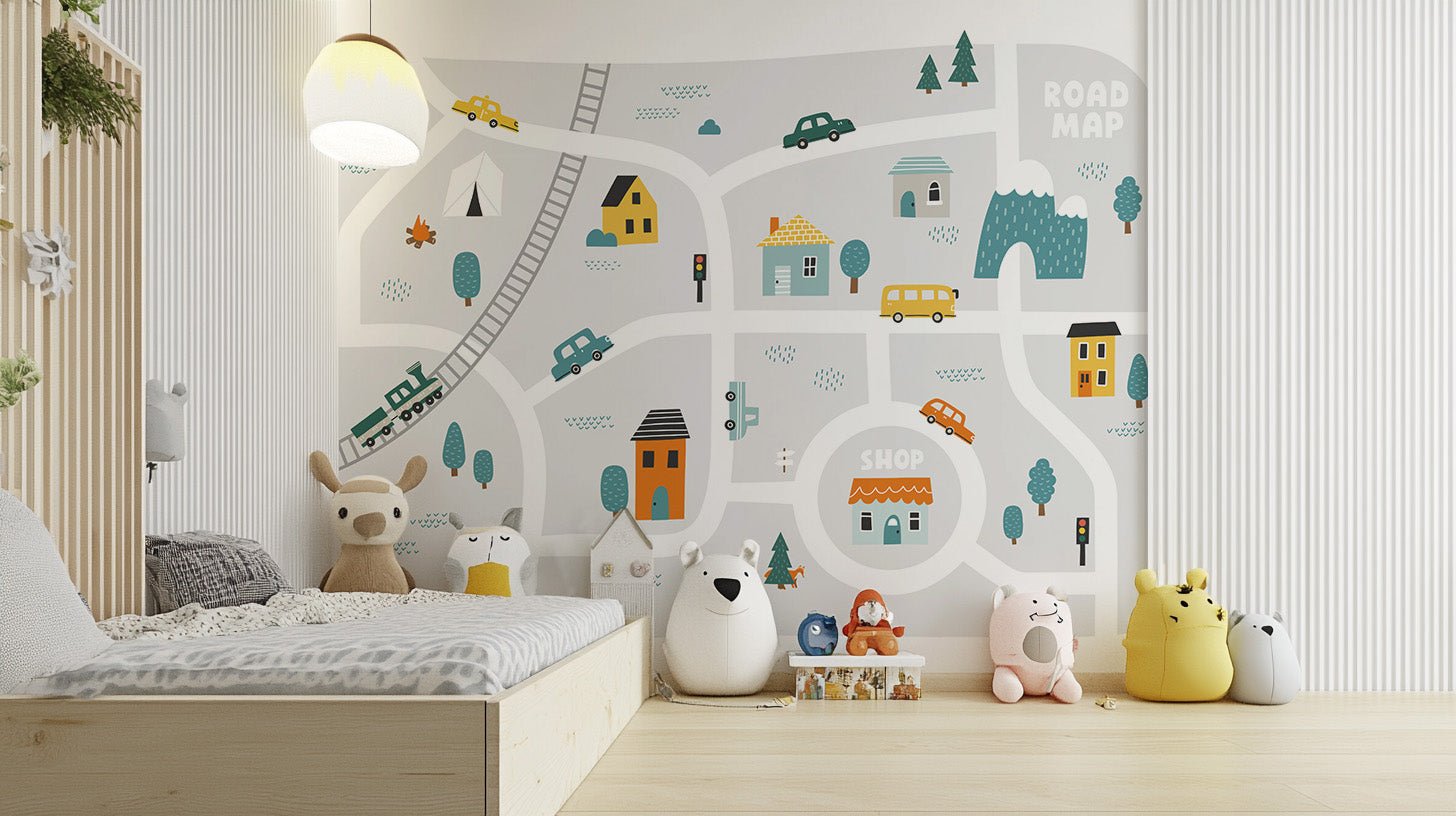 Cute cartoon map wall mural with train track and tiny houses.