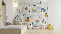 Cute cartoon map wall mural with train track and tiny houses.