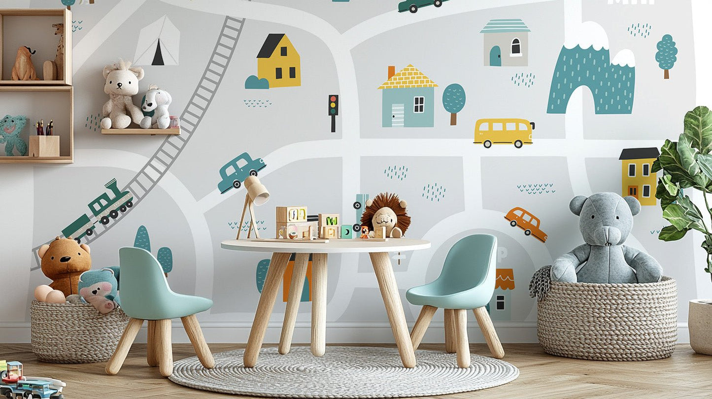 Minimal style city map wallpaper mural featuring bus, taxi and homes.