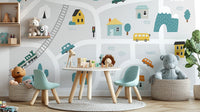 Minimal style city map wallpaper mural featuring bus, taxi and homes.