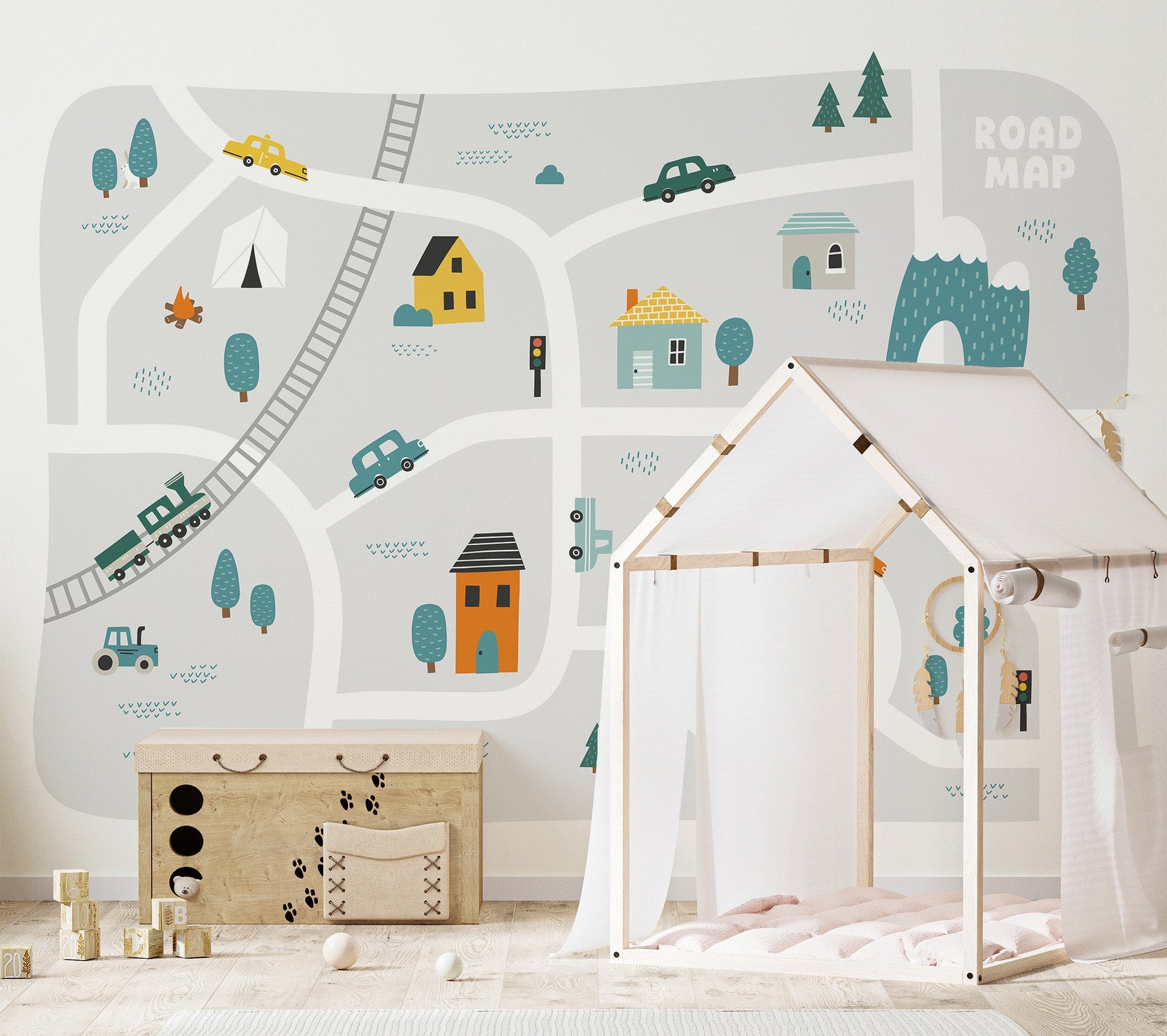 Playful town road map wall mural in soft gray and pastel color palette.