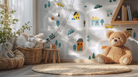 Modern cartoon map wall mural with vehicles and railway track.