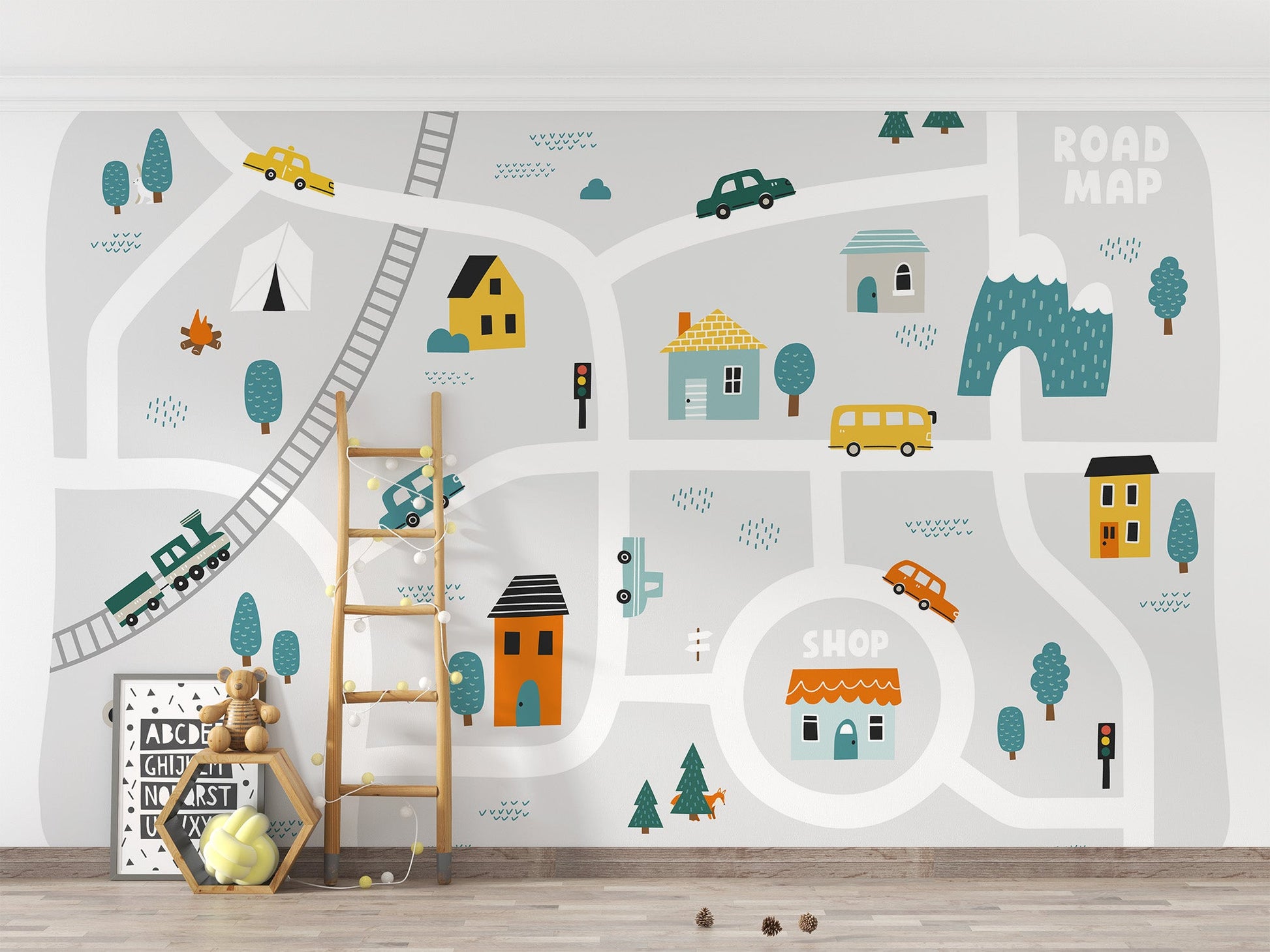 Scandinavian theme cartoon map wall mural with trees and hills.