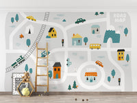Scandinavian theme cartoon map wall mural with trees and hills.