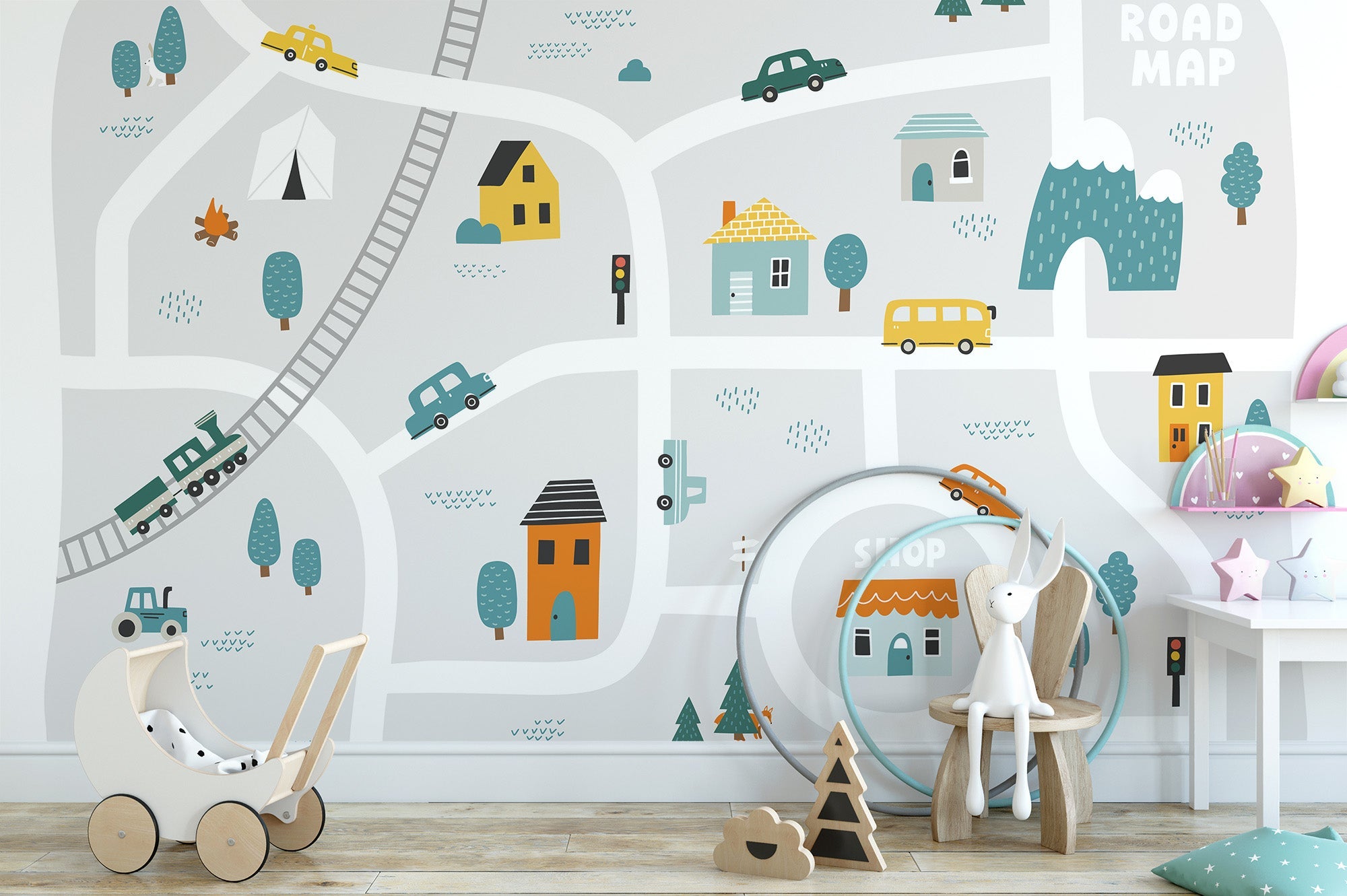 Cartoon style map wallpaper mural with roads, cars and houses.