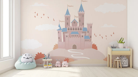 Pastel pink castle on a hilltop with white clouds wallpaper.