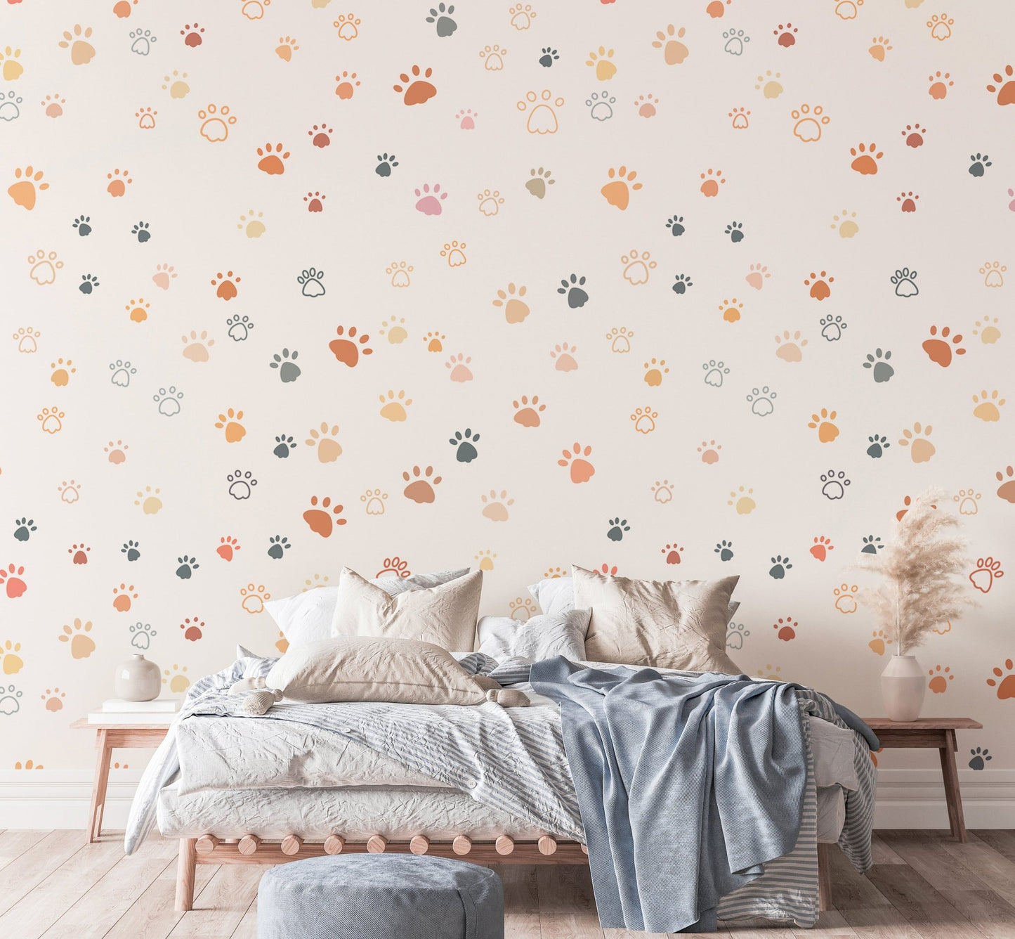 Cute cat paw print wallpaper with colorful footprints in bright bedroom.