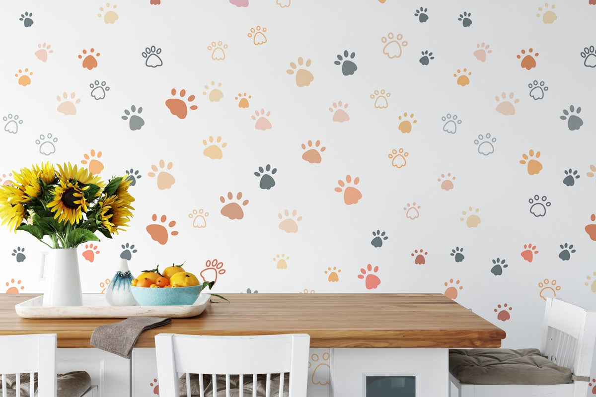 Cat paw print repeat pattern wallpaper for whimsical dining room walls