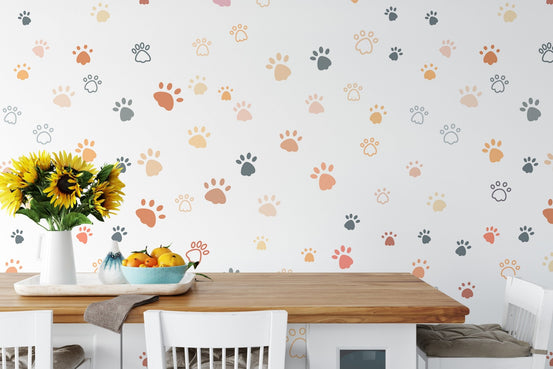 Cat paw print repeat pattern wallpaper for whimsical dining room walls