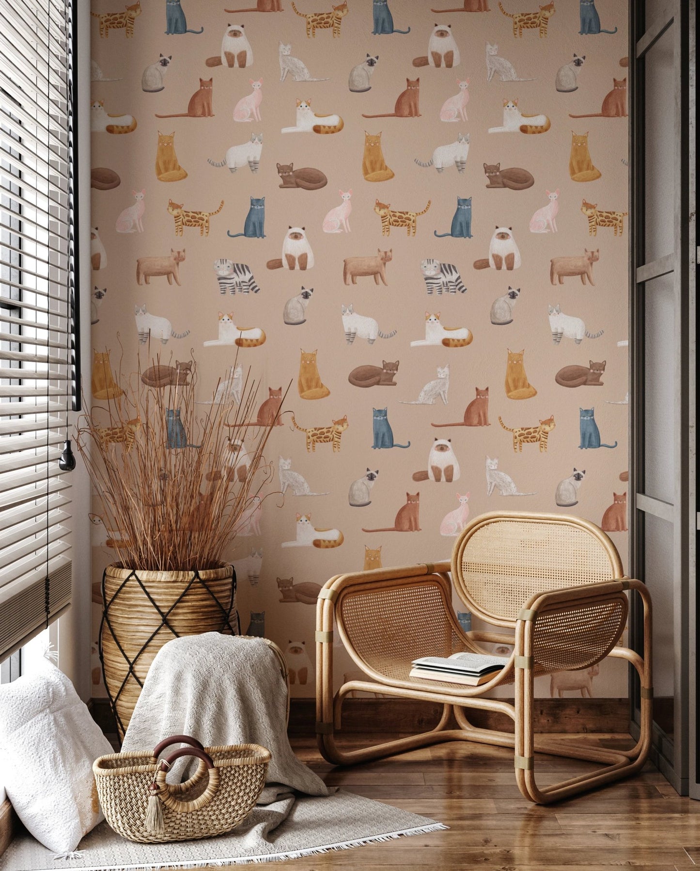 Illustrated cat variety wallpaper in warm sandy tones.