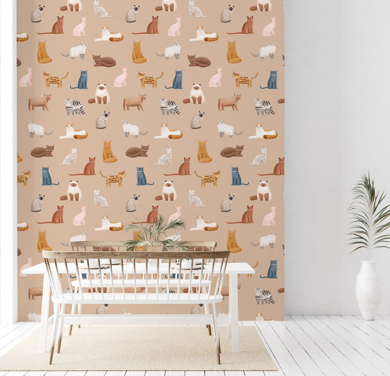 Whimsical hand-drawn cats on a warm toffee background.