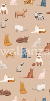 Detailed kitty illustrations on a smooth beige backdrop.