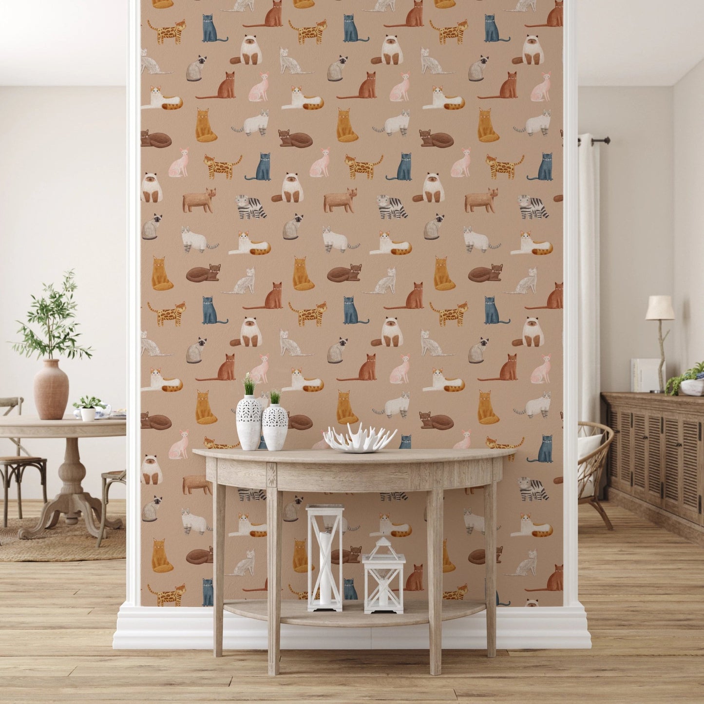 Artistic feline pattern with Siamese and Bengal cats.