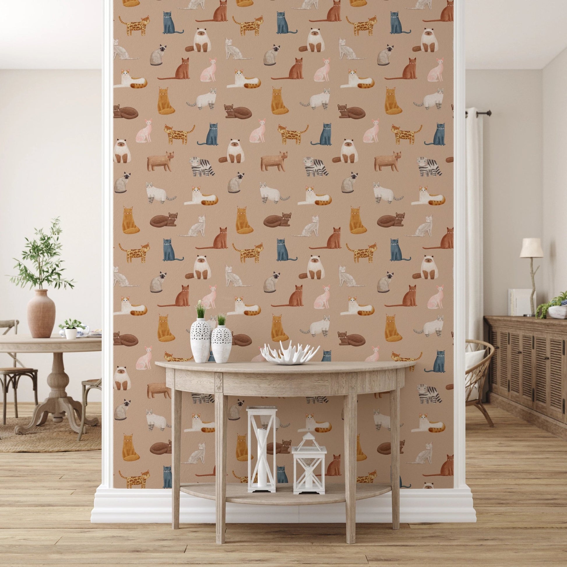 Artistic feline pattern with Siamese and Bengal cats.