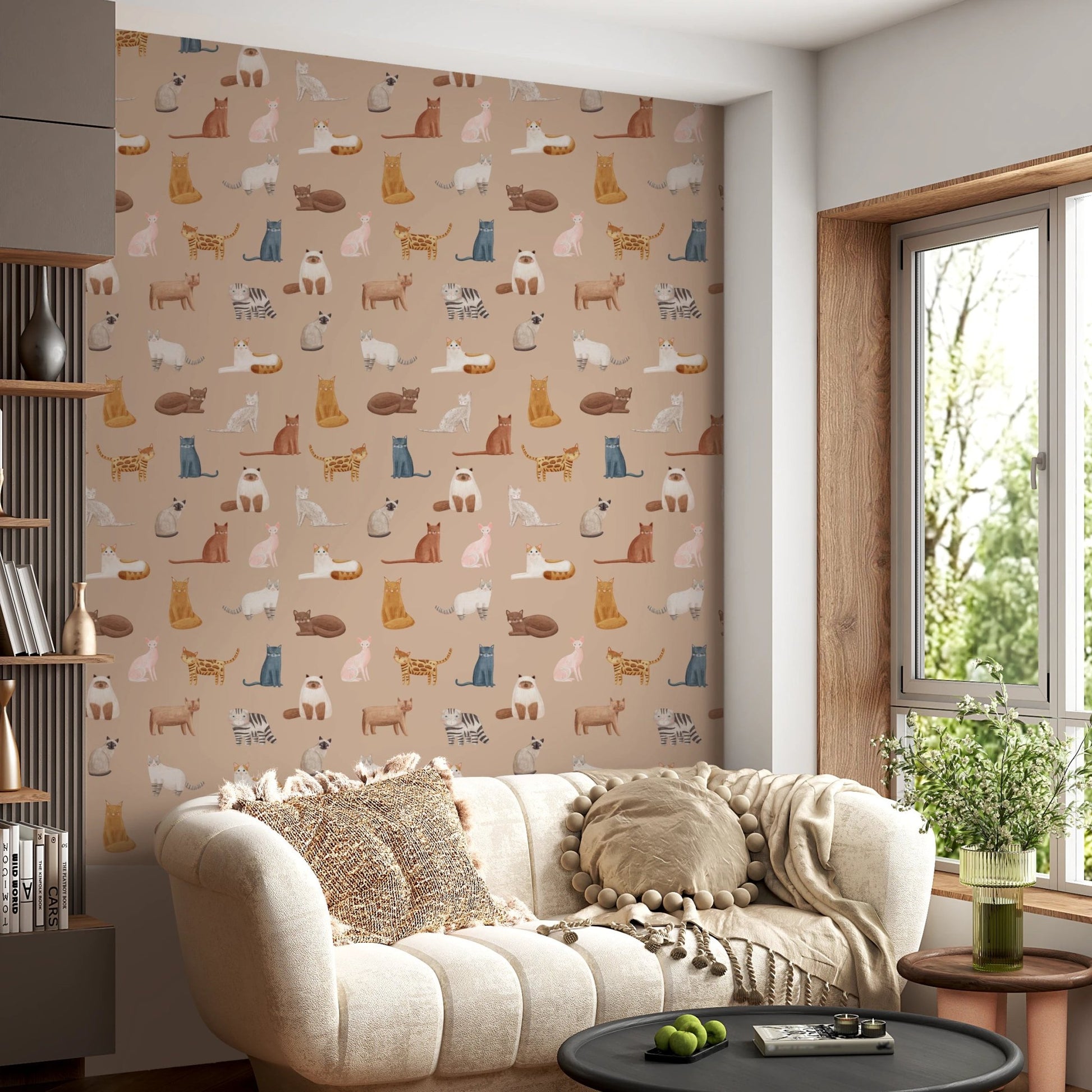 Cozy cat breed illustrations on neutral tan wallpaper.