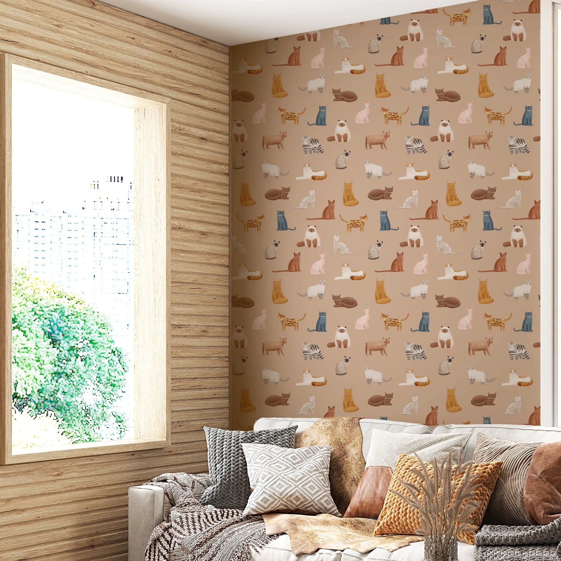 Warm toffee wallpaper featuring artistic cat drawings.