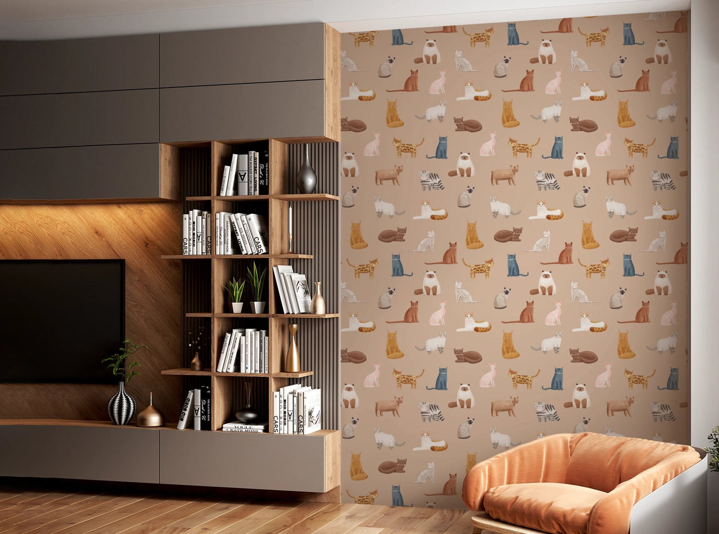 Playful cat silhouettes in a seamless toffee pattern.