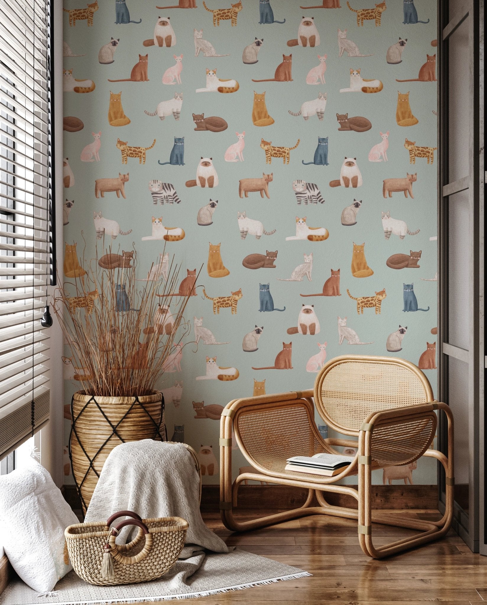 Repeating pattern of sitting and standing artistic cats.