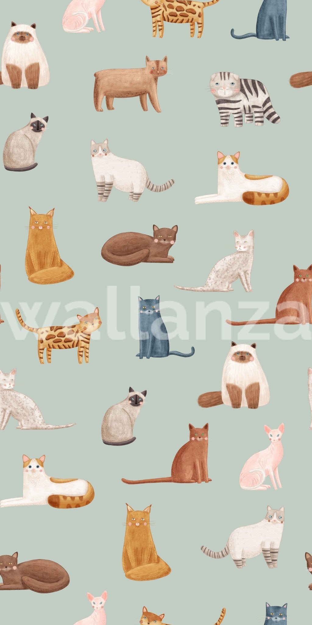 Soft green wallpaper with multi-colored cat silhouettes.