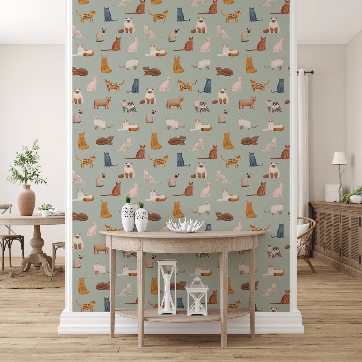 Seamless cat wallpaper with watercolor texture details.