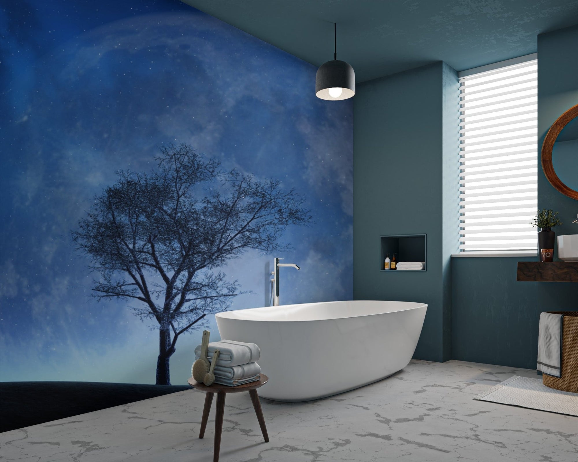 Celestial moonlit tree wallpaper featuring a massive glowing blue moon and starry sky.