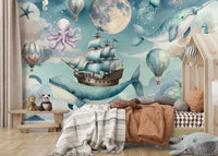 Navy blue marine life wall mural for kids' playroom