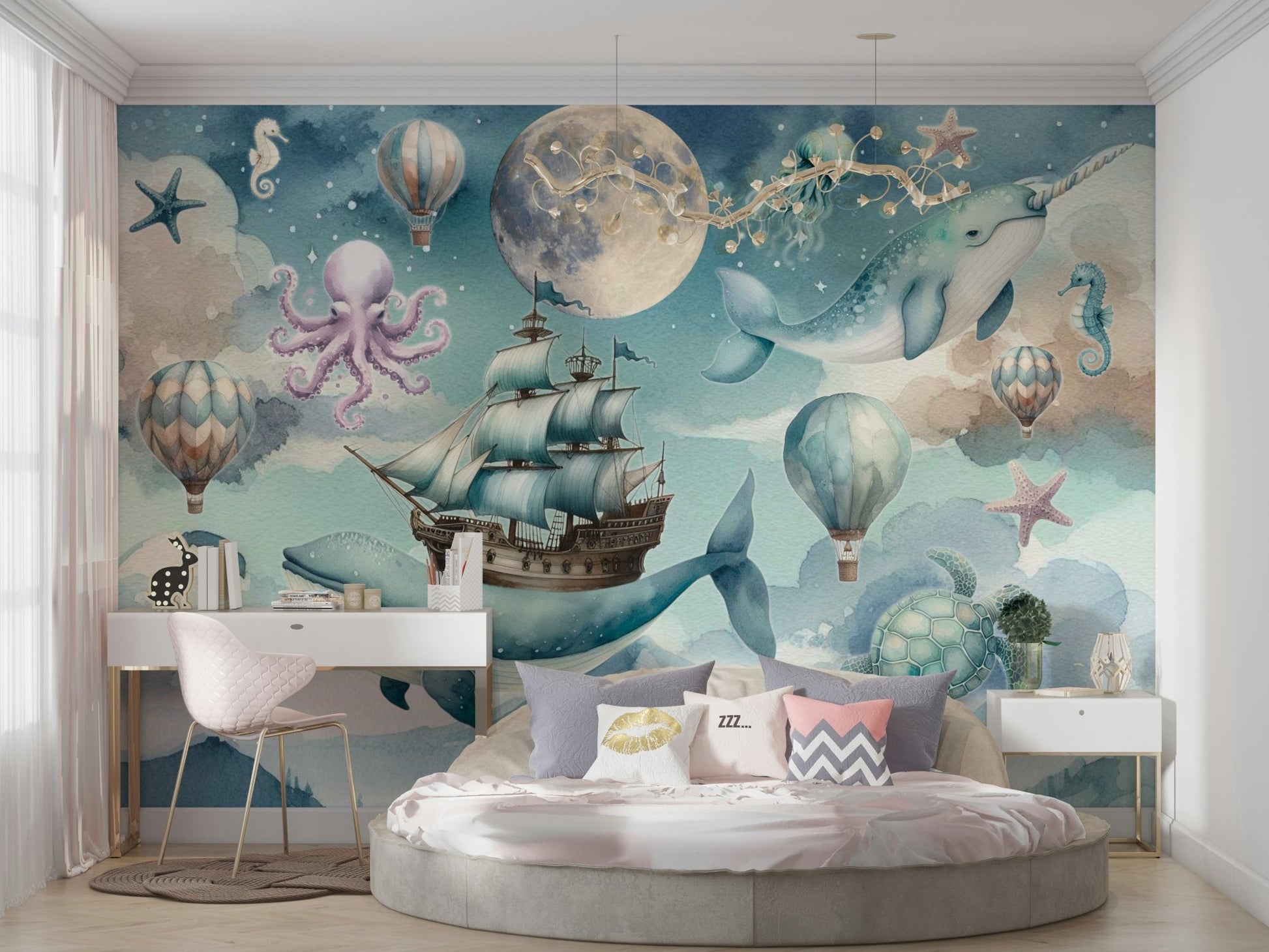 Nautical whale wall mural in a minimalist bedroom