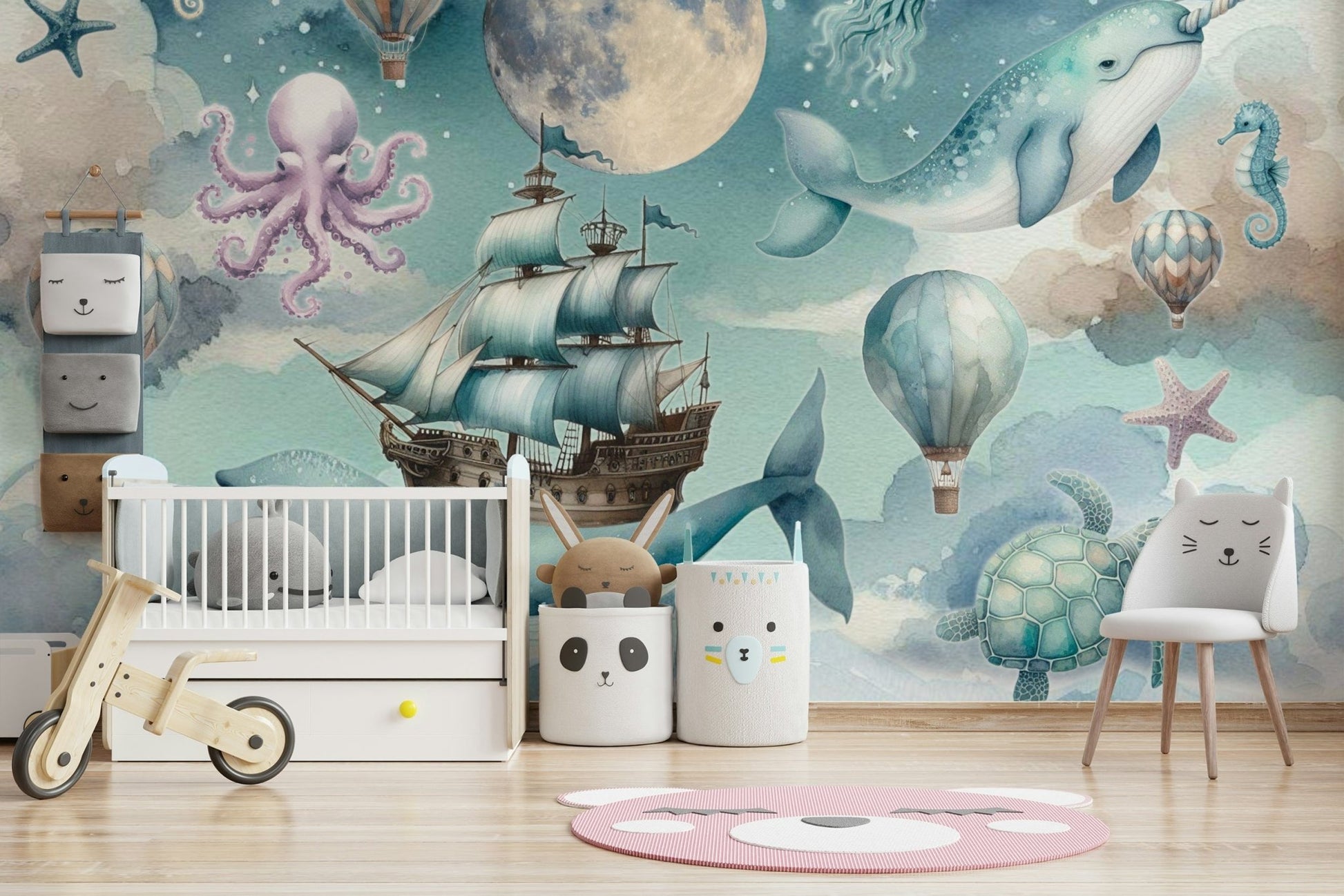 Dreamy ocean and sky mural in a neutral-toned nursery