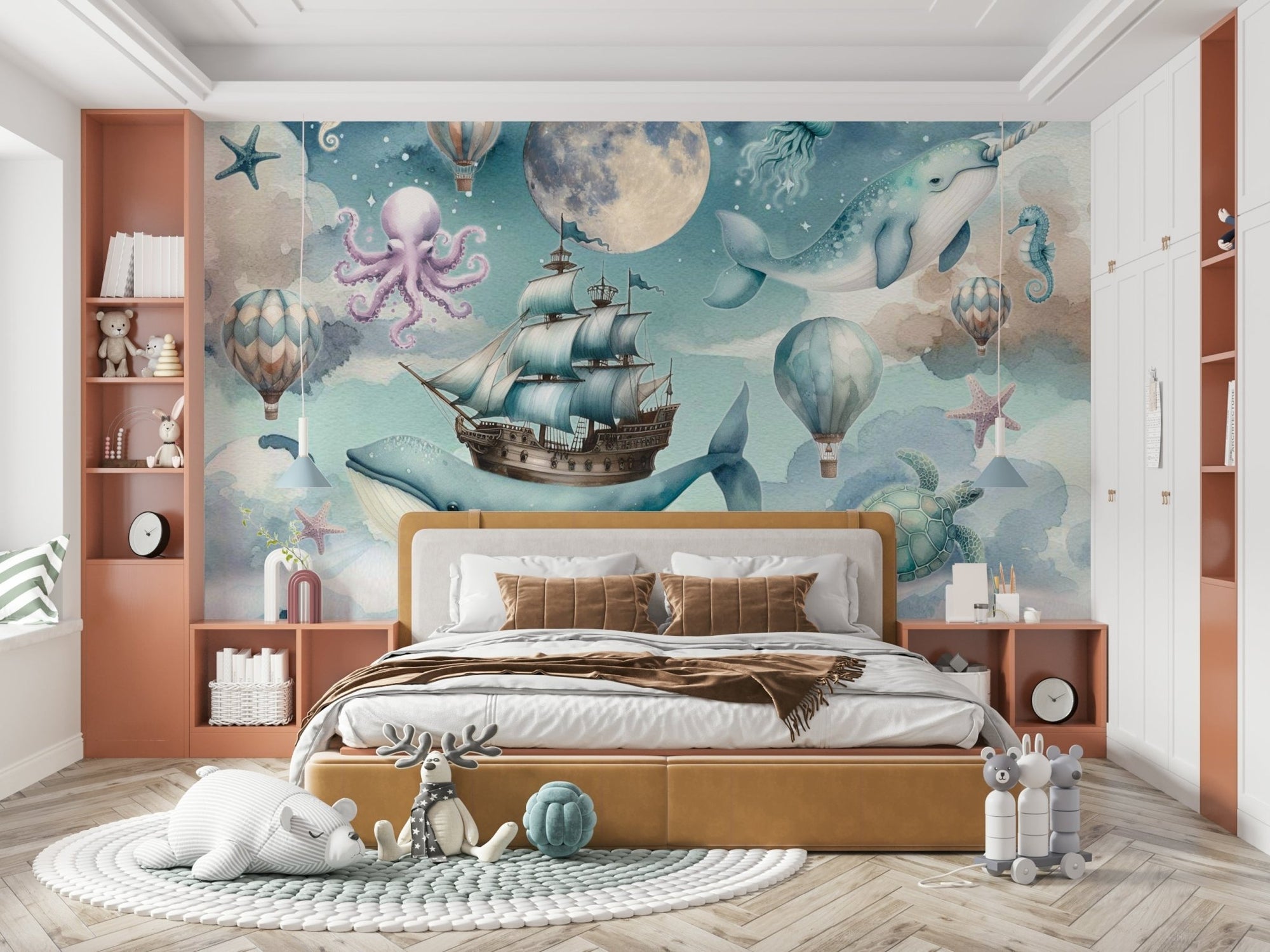 Whales swimming among golden stars in a blue celestial sea adventure wall mural.