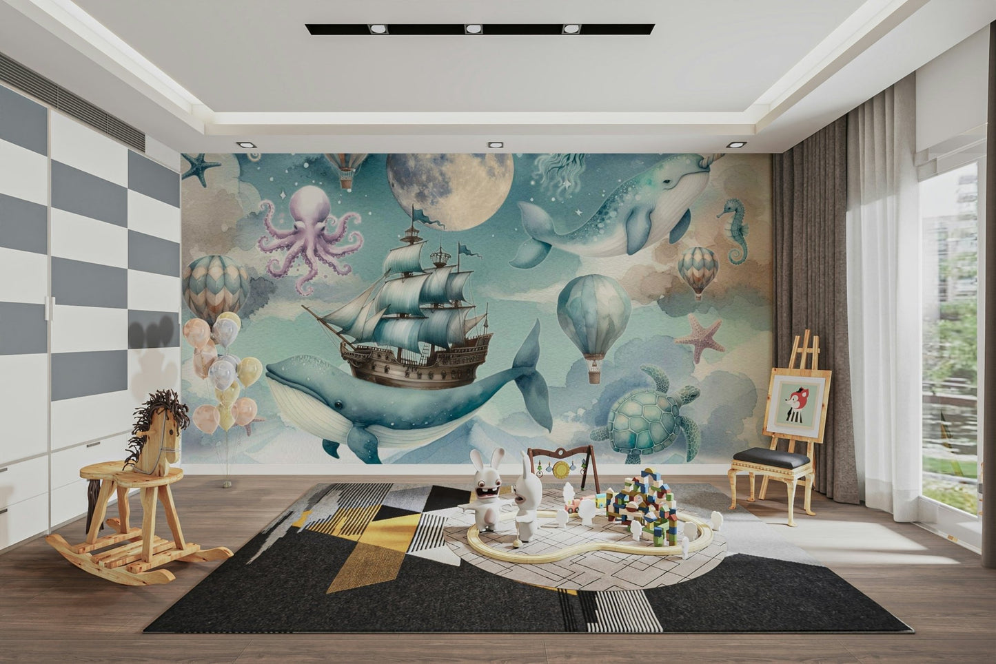 Large scale ocean mural in a sunlit child's room