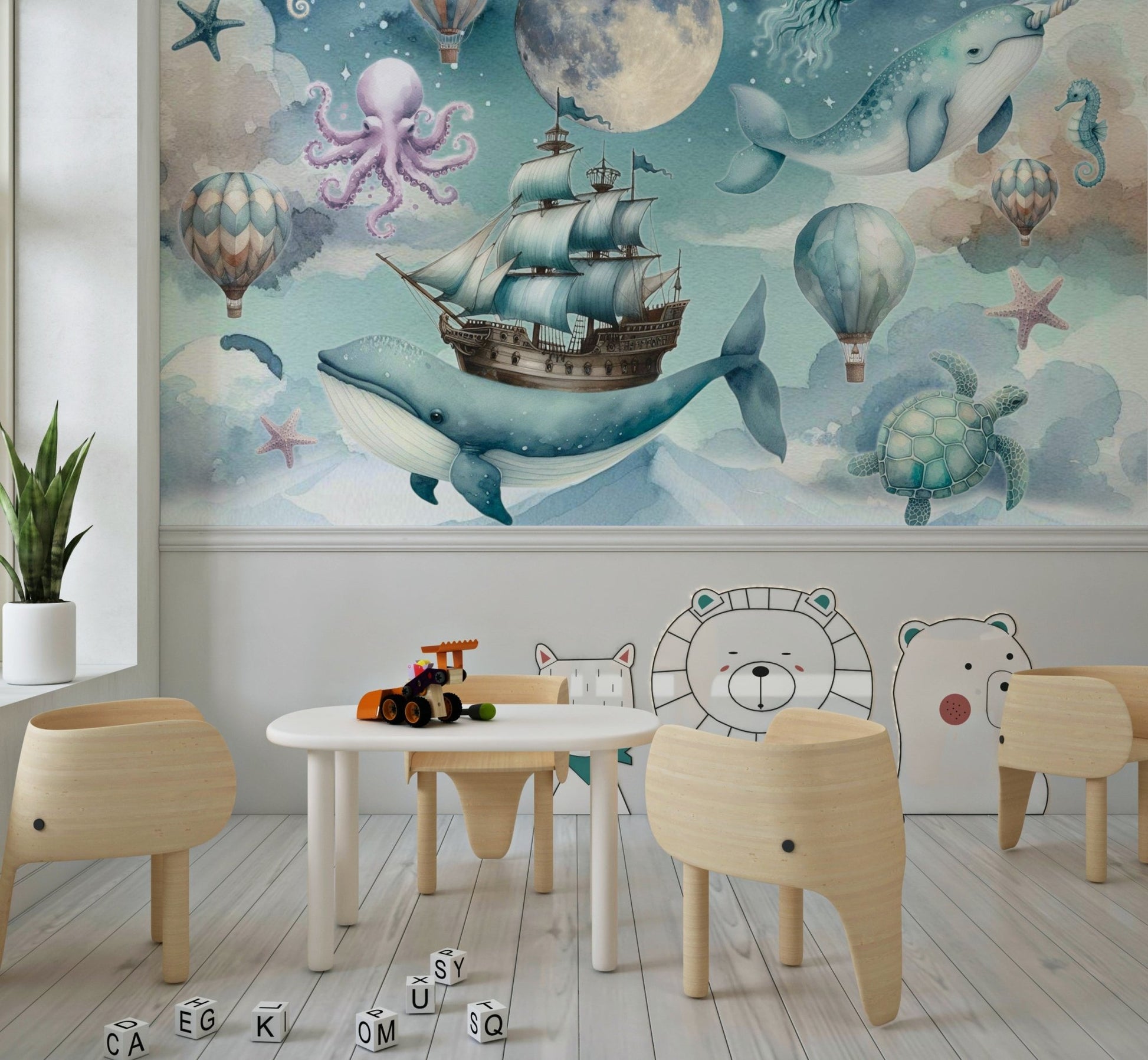 Blue and gold starry ocean wallpaper for playroom
