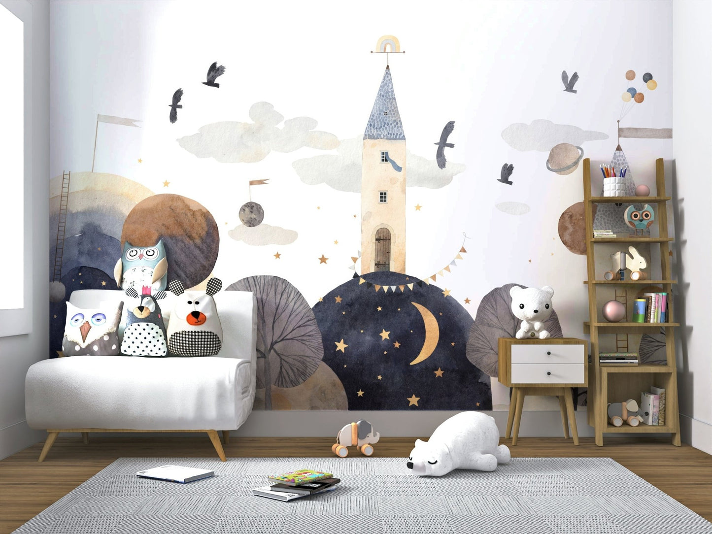 Colorful fantasy apartment wall decor with gold and purple hues.