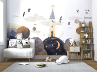 Colorful fantasy apartment wall decor with gold and purple hues.