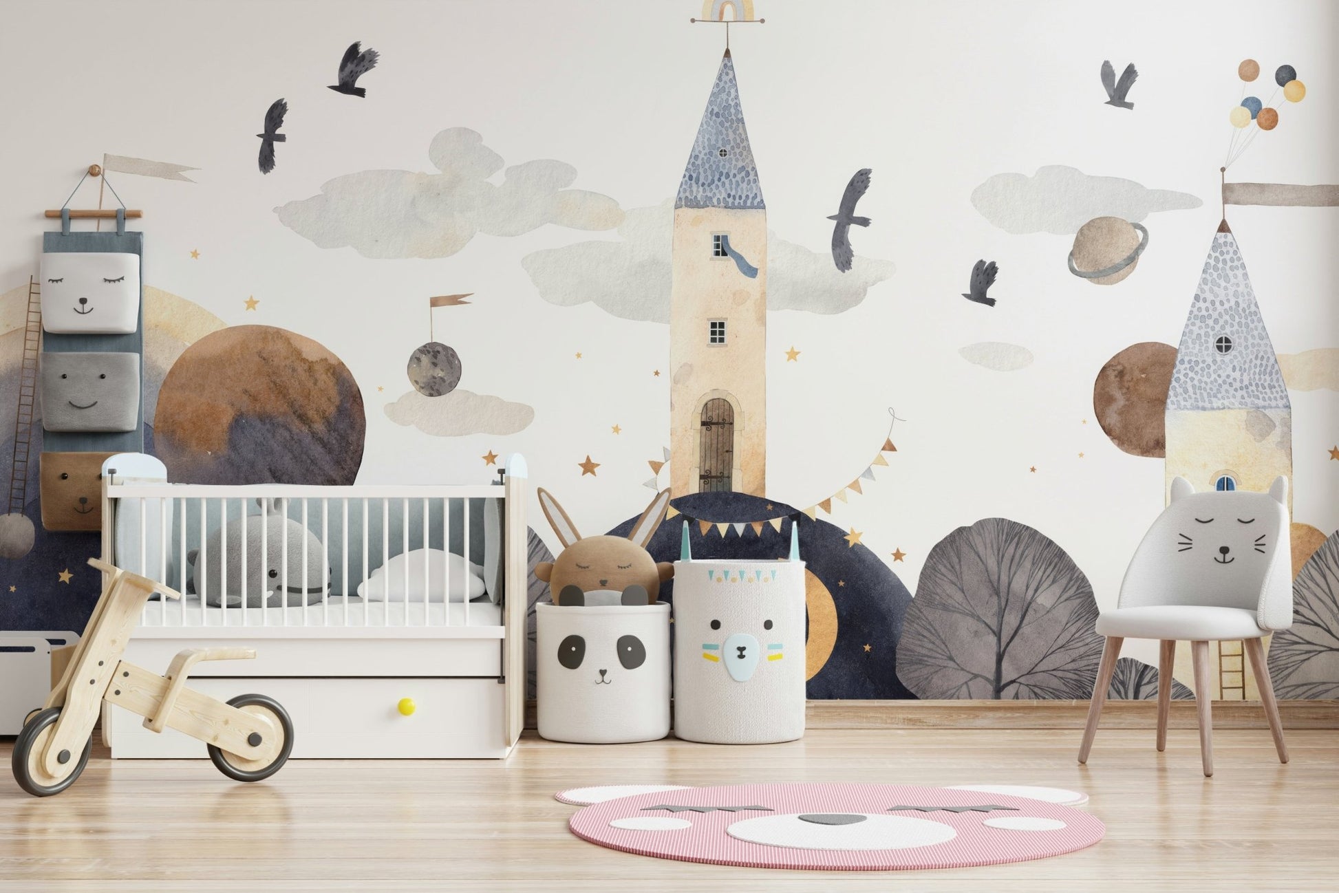 Celestial Towers mural highlighting bright geometric palace shapes.