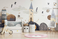 Celestial Towers mural highlighting bright geometric palace shapes.