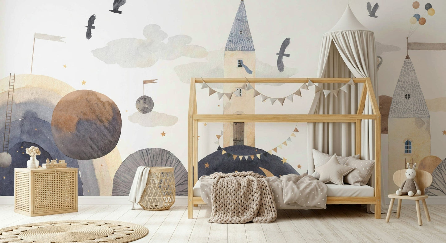 Close-up of artistic astronomical details on peel and stick wallpaper.