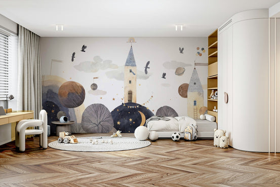 Watercolor Celestial Towers Wall Mural with moons and stars.