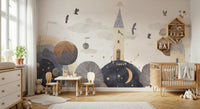 Magical architecture-themed mural for a modern apartment space.