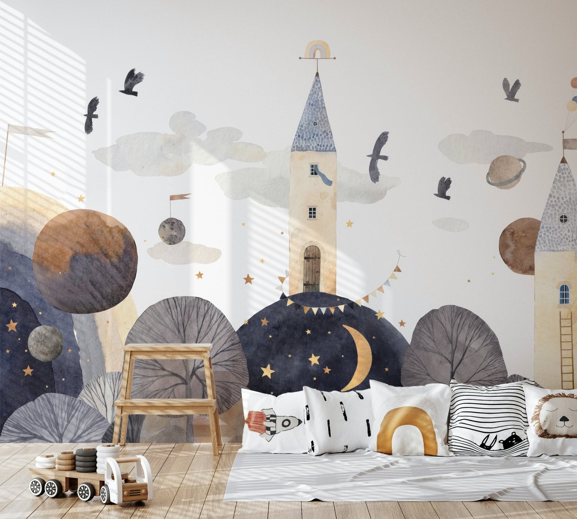 Detailed watercolor galaxies and stones for custom wall decor.