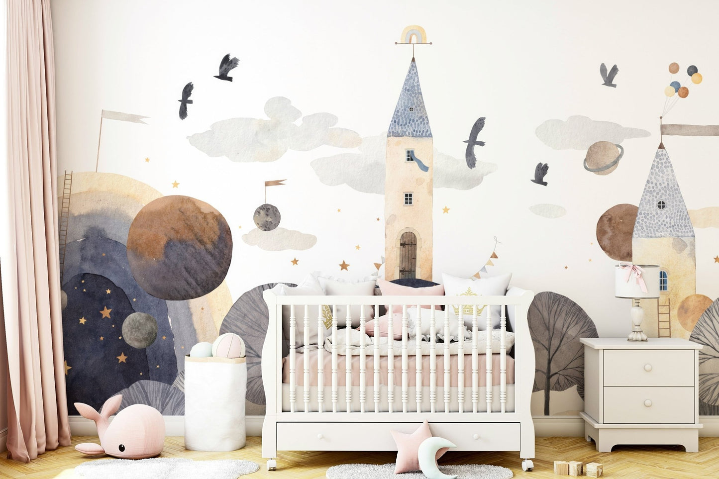 Nursery wall decor featuring soft moon and turret details.