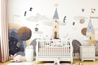 Nursery wall decor featuring soft moon and turret details.