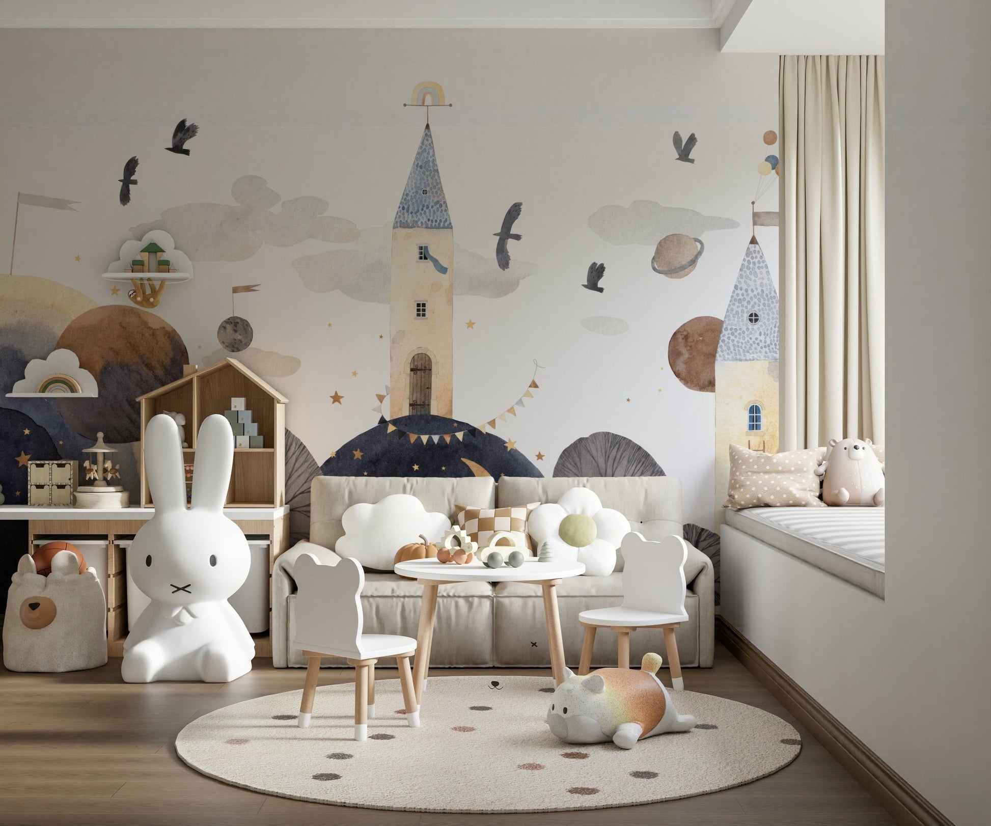 Celestial Towers mural highlighting bright geometric palace shapes.