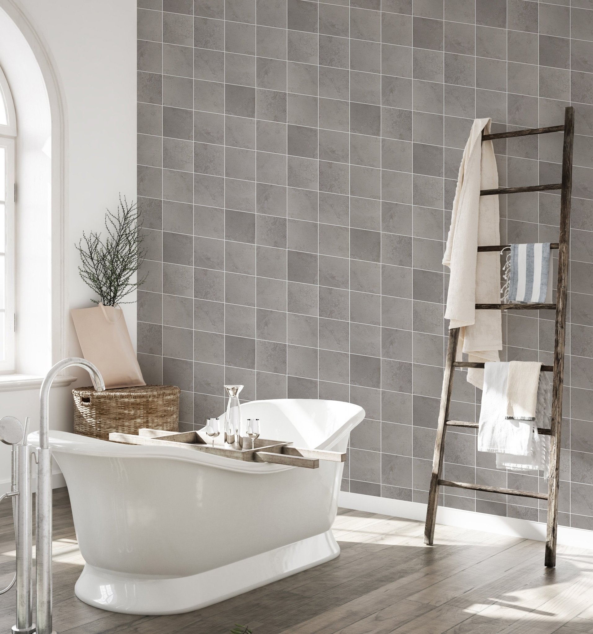Ceramic grey color tiles seamless pattern wallpaper in a bathroom.