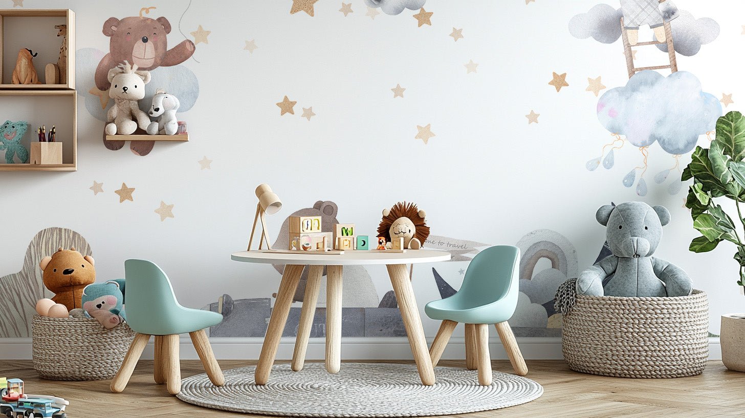 Charming cloud bears wall mural pastel sky teddy design wallpaper.